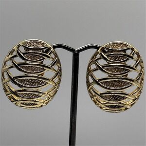 Emmons Clip On Earrings Gold Tone Oval Textured Openwork Vintage Signed